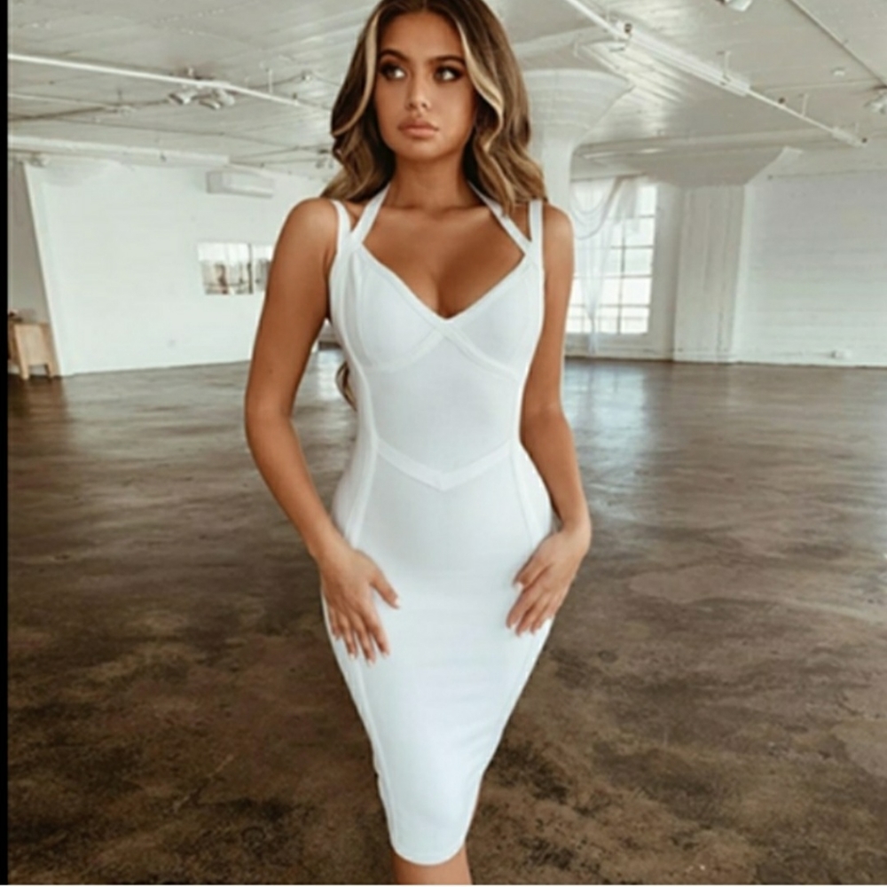 NEW! SEXY DOUBLE STRAP HALTER WHITE BANDAGE DRESS
